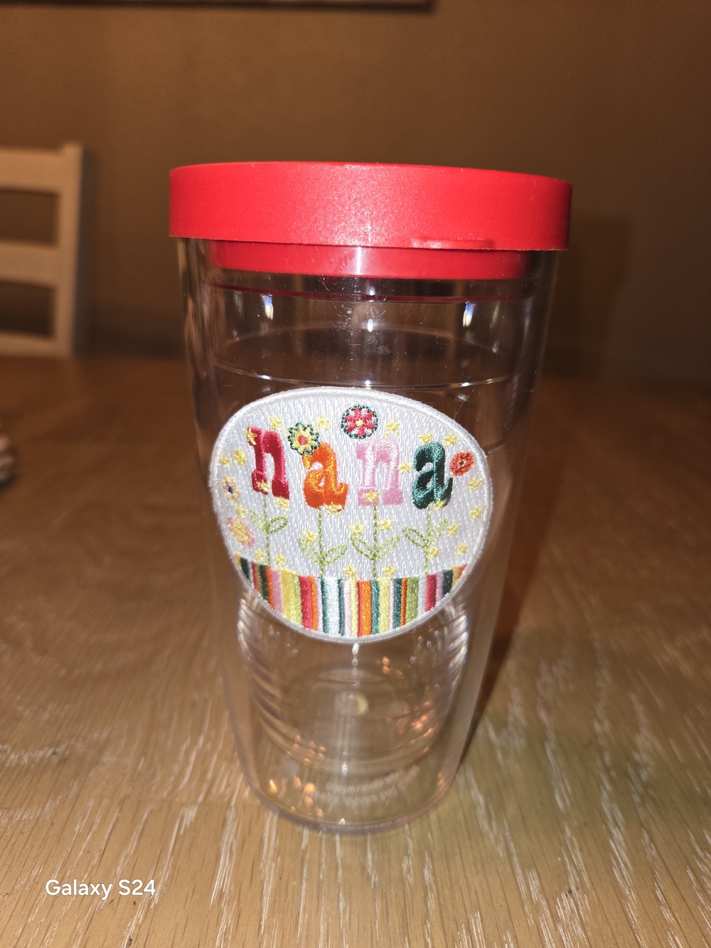 tervis Clear Travel Tumbler with Red Lid and Colorful 'Nana' Patch